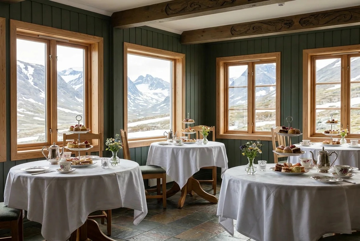 The dining room at Harbor Living, a long soapstone table laid with the fjord-larder breakfast in morning light.