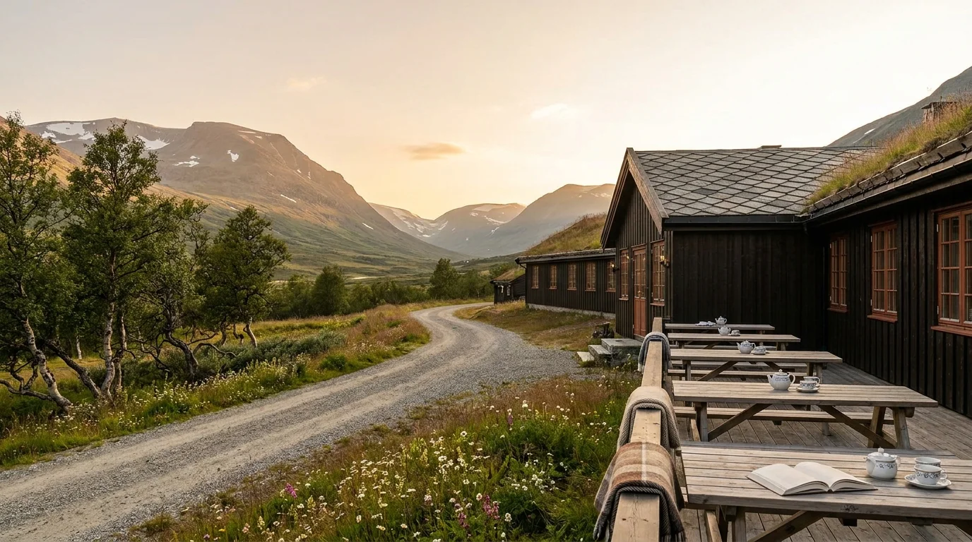The Harbor Living station house from the valley track, low light on the timber gable, the Dovrefjell summit line behind.