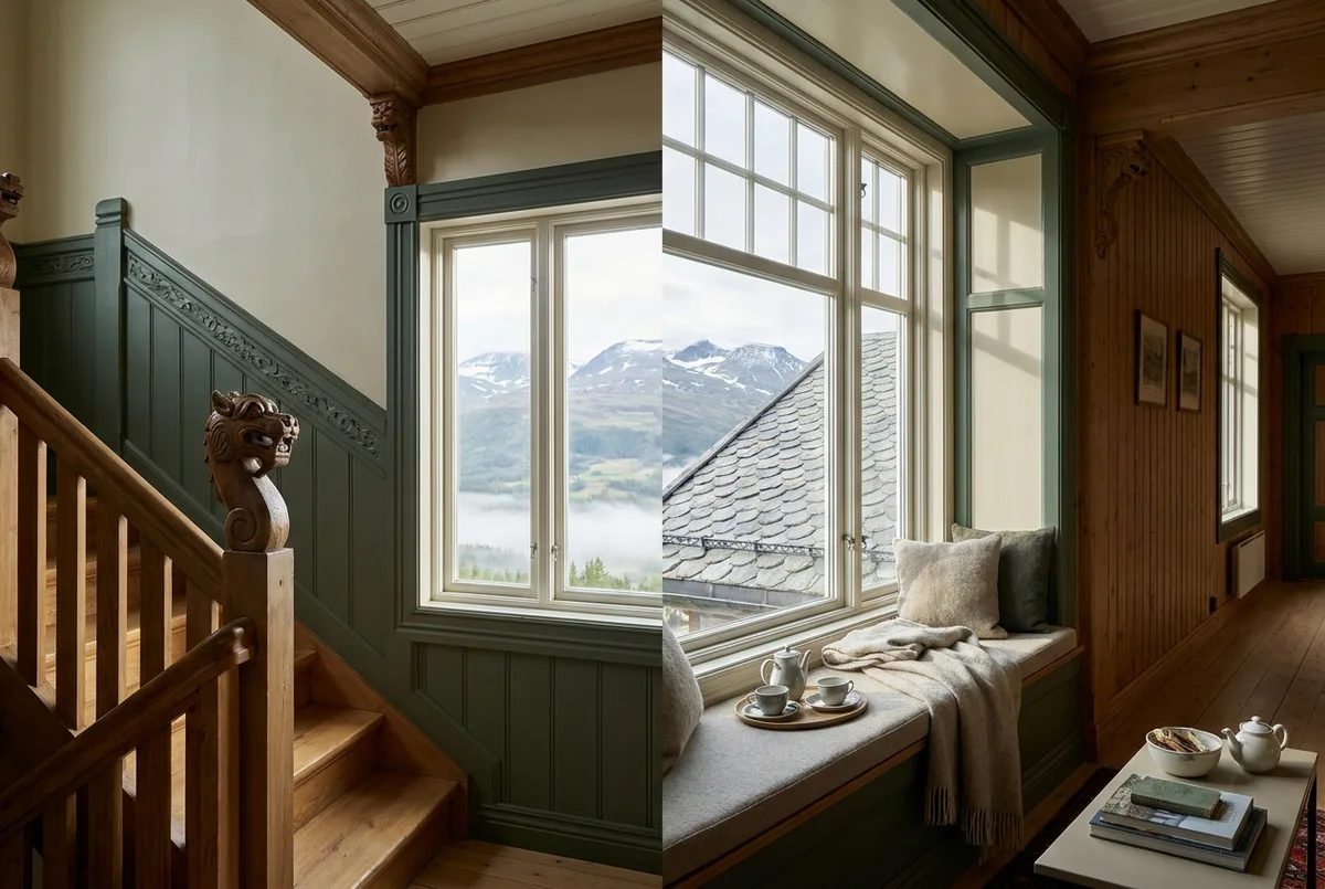 Interior detail at Harbor Living, a wool throw over a birch chair beside a soapstone hearth.