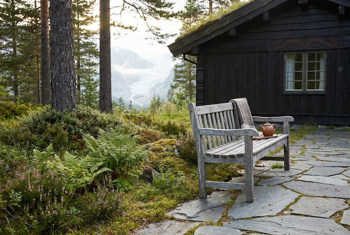 The grounds at Harbor Living, a stone path between birch trees, cloudberry heath beyond.