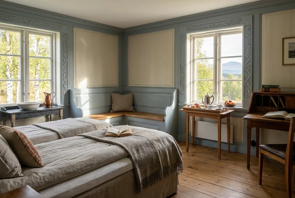 A timber-floored corner room at Harbor Living with twin birch beds, a slate washstand and morning light coming in over the birch line.
