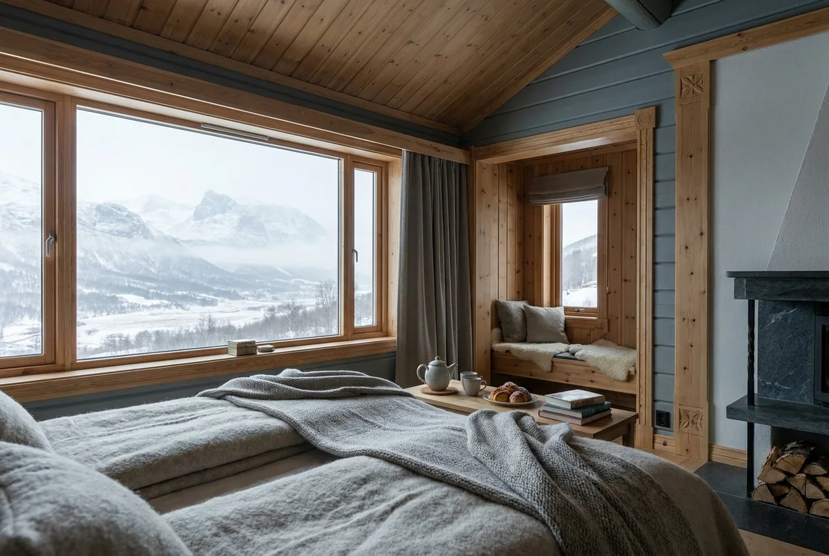 A pair of rooms under the eaves at Harbor Living, a long west window onto the summit line, a soapstone hearth and a reading bench built into the dormer.