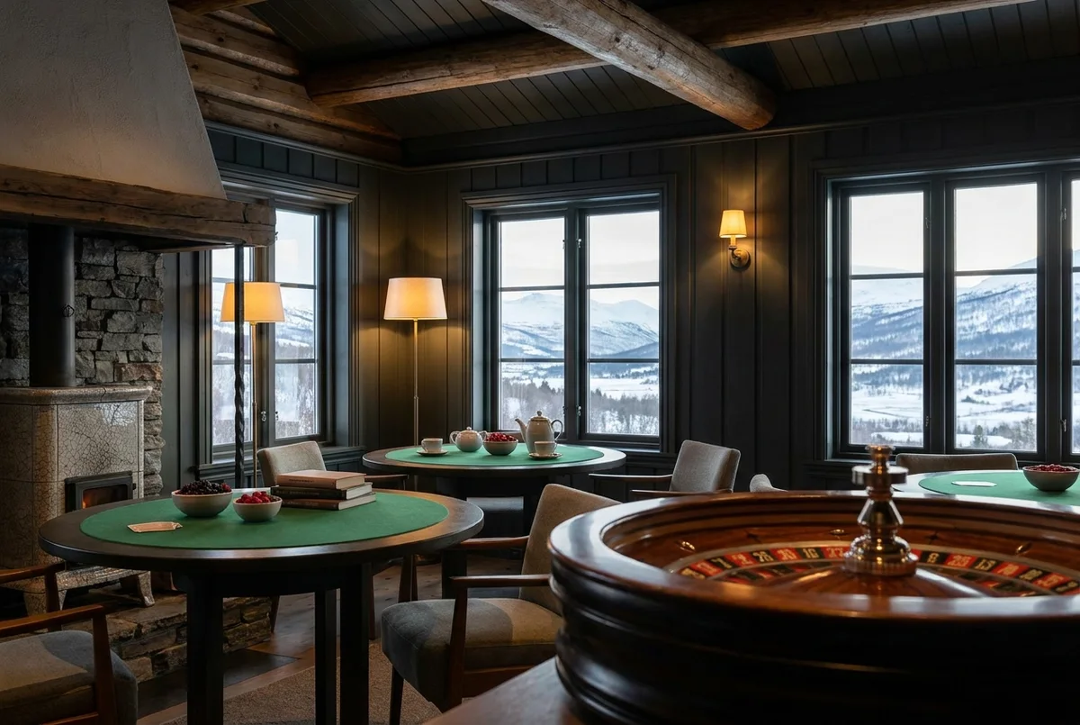The Rondane Snug at Harbor Living, a low-lit oak-panelled room with a single hearth and four gaming tables set out for the evening.